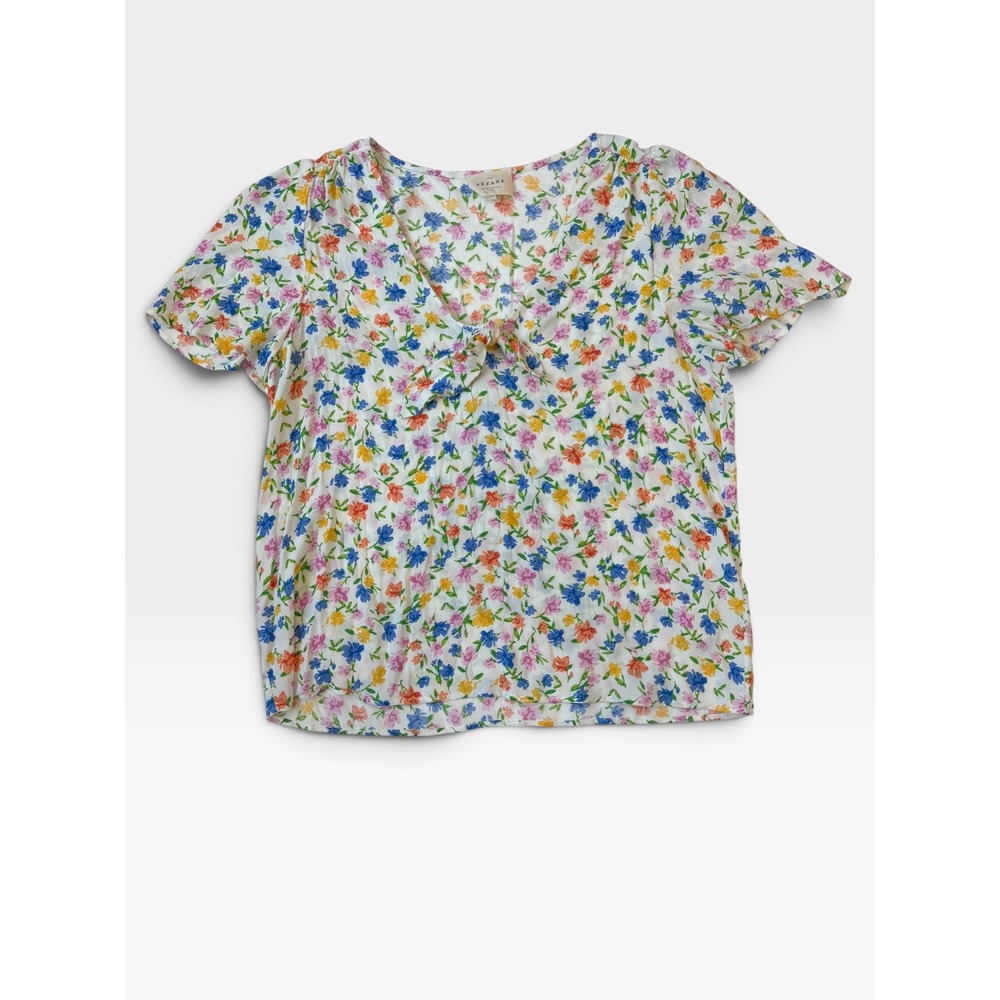 Sezane Floral Blouse Womens 42 White Multi Tie Front Flutter Sleeve V-Neck Top - Picture 3 of 7